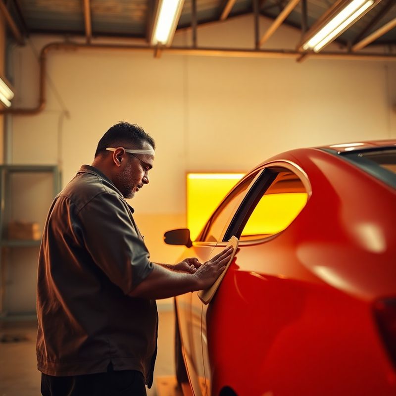Técnico de funilaria lixando painel de carro em cabine iluminada